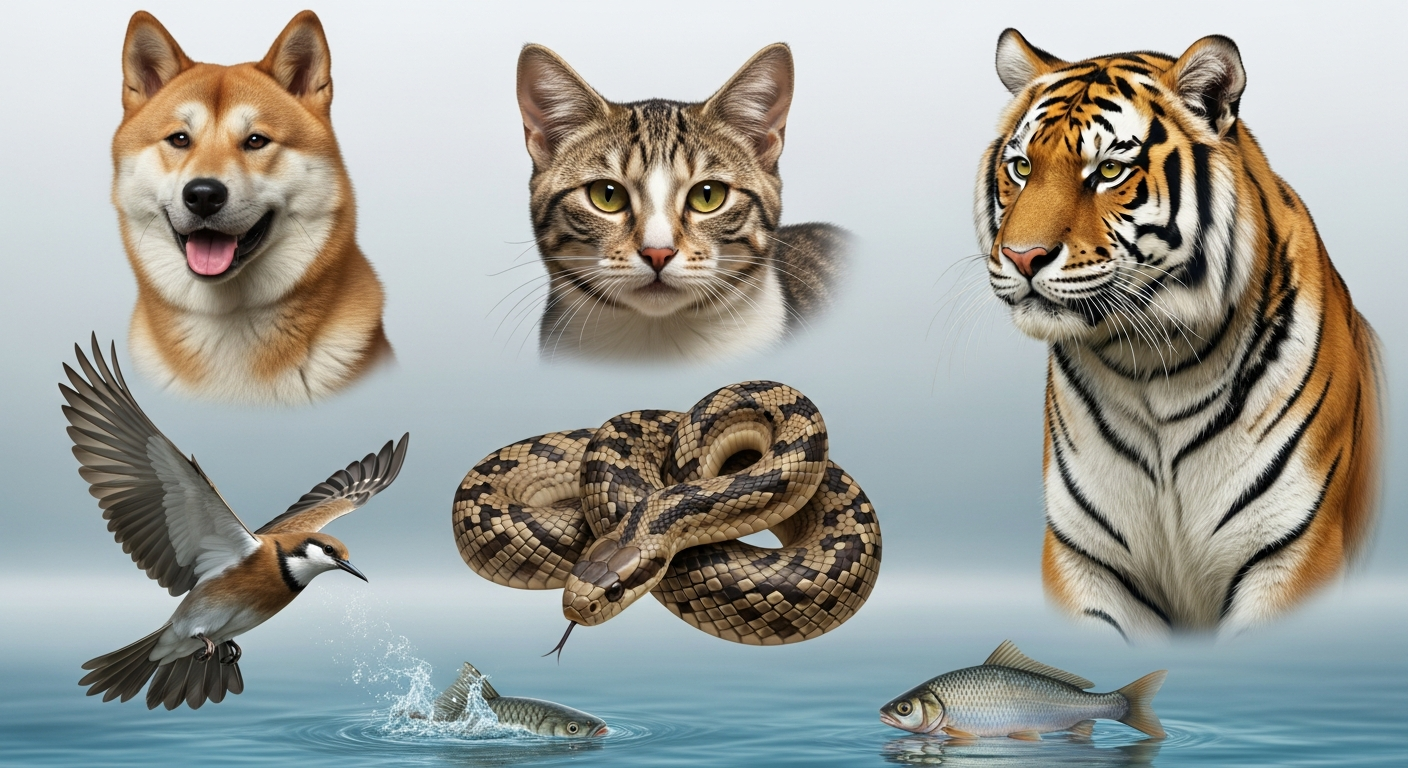 주요 동물 꿈 상징들을 나타내는 한국 동물들 콜라주 이미지