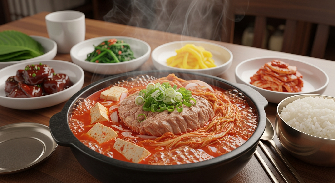 맵고 얼큰한 참치 김치찌개와 두부, 대파가 올려진 한국식 식탁 세팅