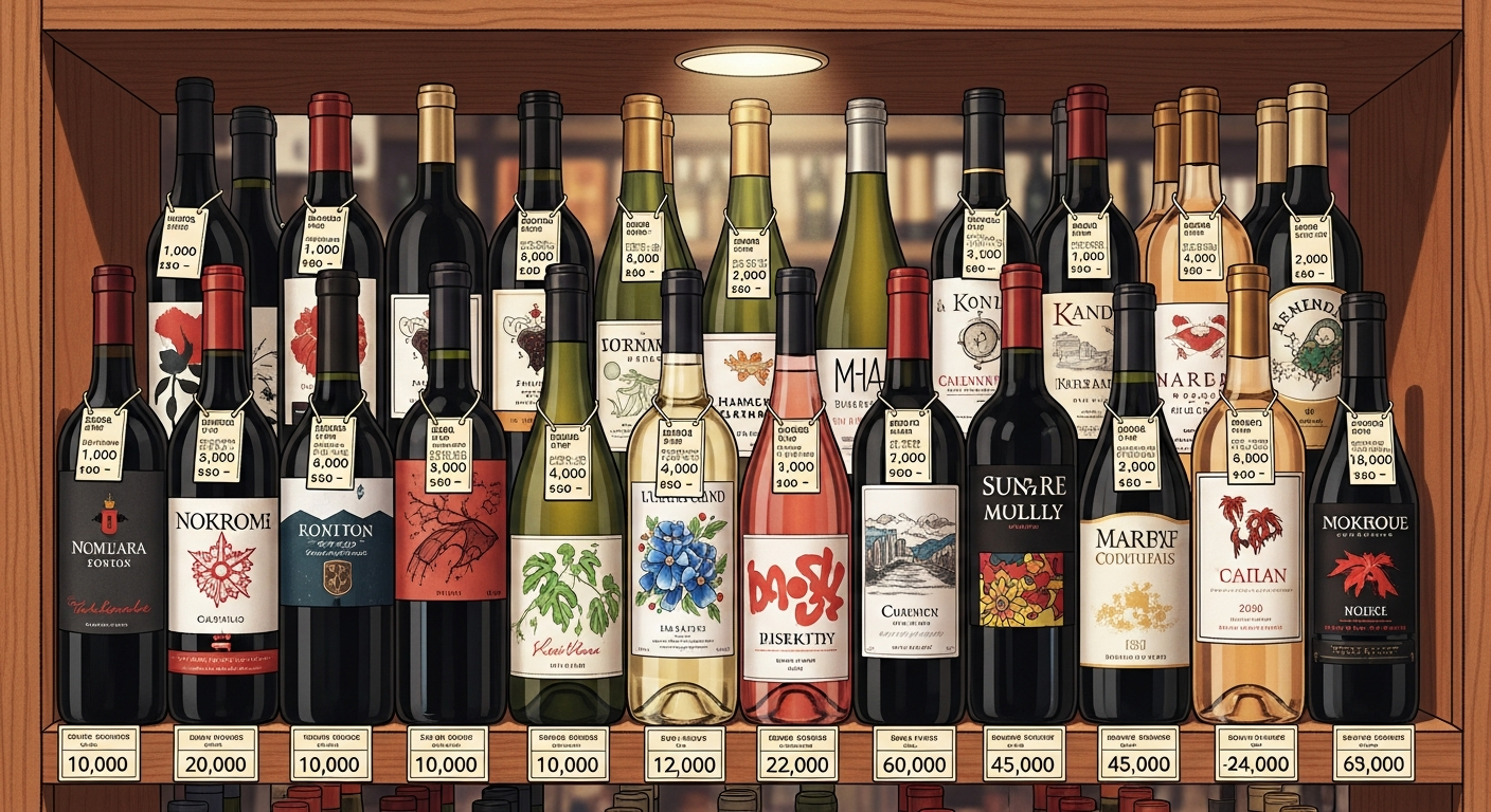 마트나 편의점 등에서 구할 수 있는 1만 원대부터 4만 원대까지 가성비 좋은 와인들이 진열된 아늑한 와인 매장 일러스트 모습