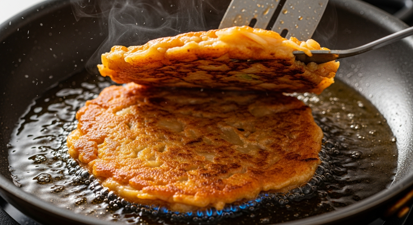 중불에서 김치전 부치는 장면, 노릇하게 익은 모습