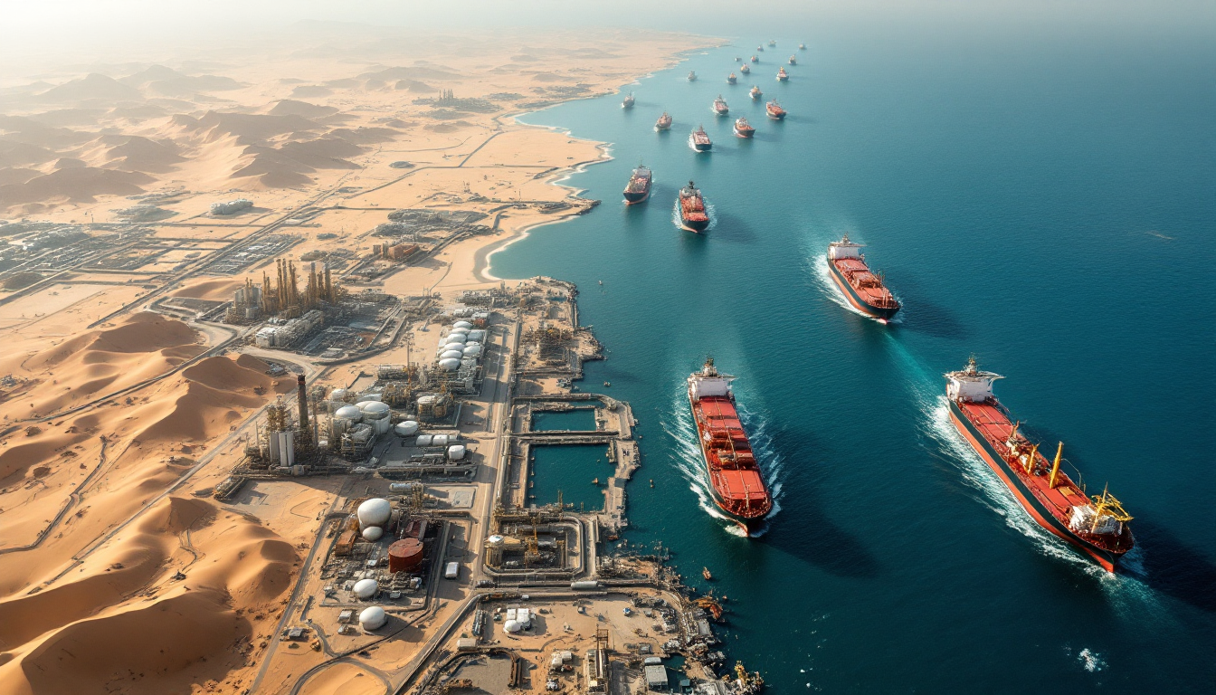 호르무즈 해협 항공뷰 유조선 대기와 해안 파이프라인 그리고 한국 정유사 엔지니어 전경