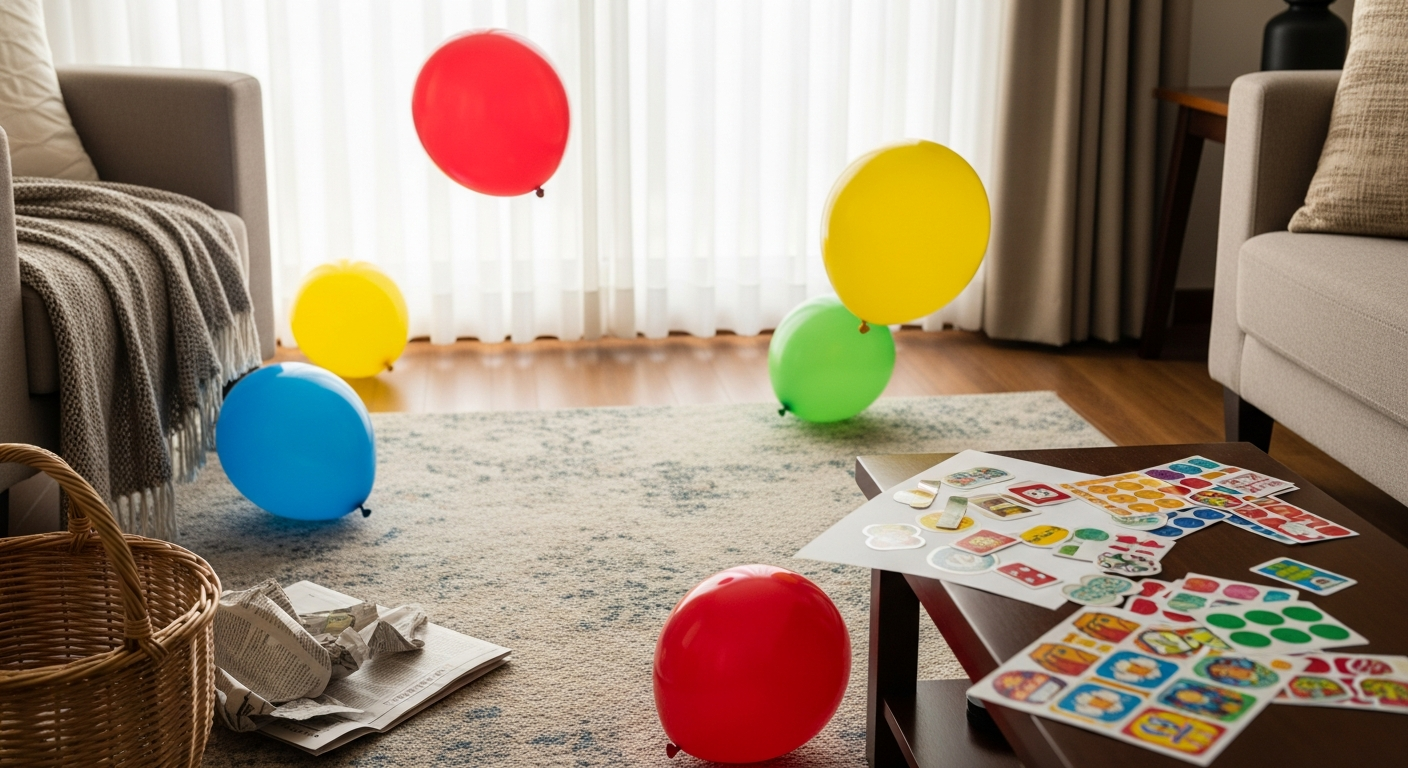 1살 아기가 풍선을 가지고 놀이하며 신문지 찢기와 스티커 놀이를 하는 모습