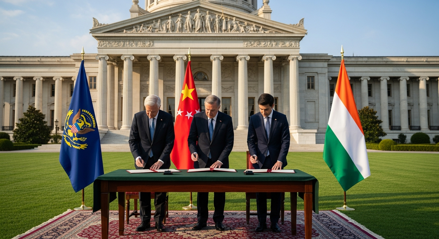 백악관 잔디밭에서 세 지도자가 조약 문서에 서명하는 공식 행사 장면 이미지