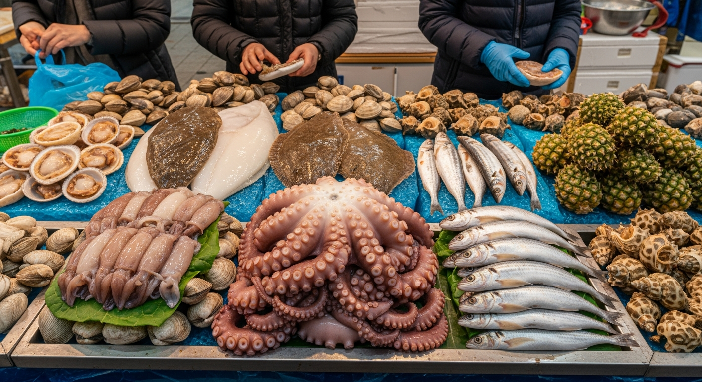 3월 제철 해산물이 생생하게 진열된 활기찬 한국 시장 풍경