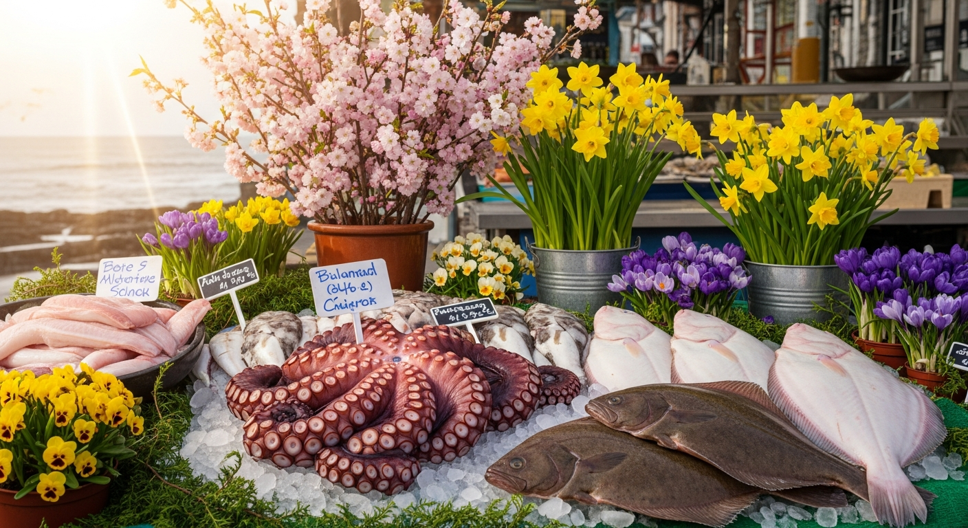 3월 제철 해산물인 쭈꾸미와 도다리가 신선하게 진열된 봄 바닷가 시장 풍경