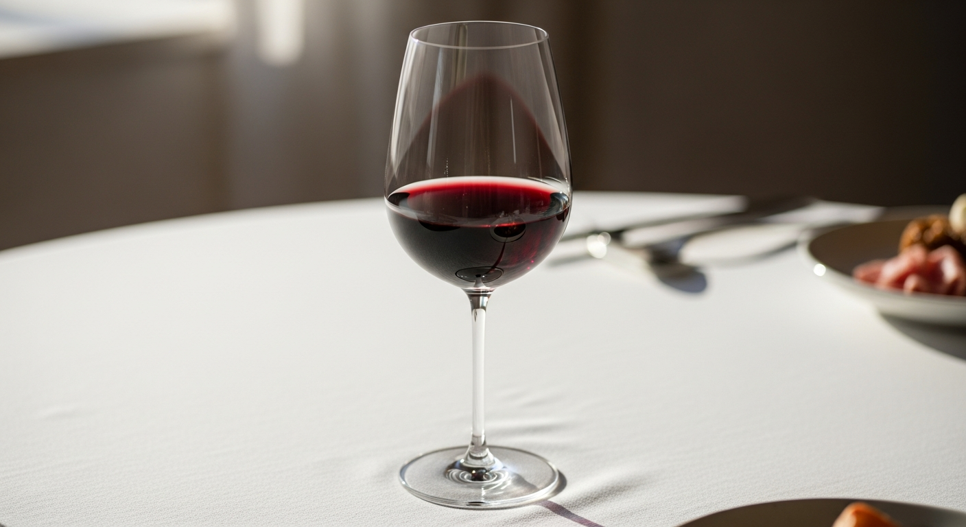 와인잔에 붉은 와인이 1/3 정도 따라져 있는 흰 테이블보 위의 와인 테이스팅 준비 모습