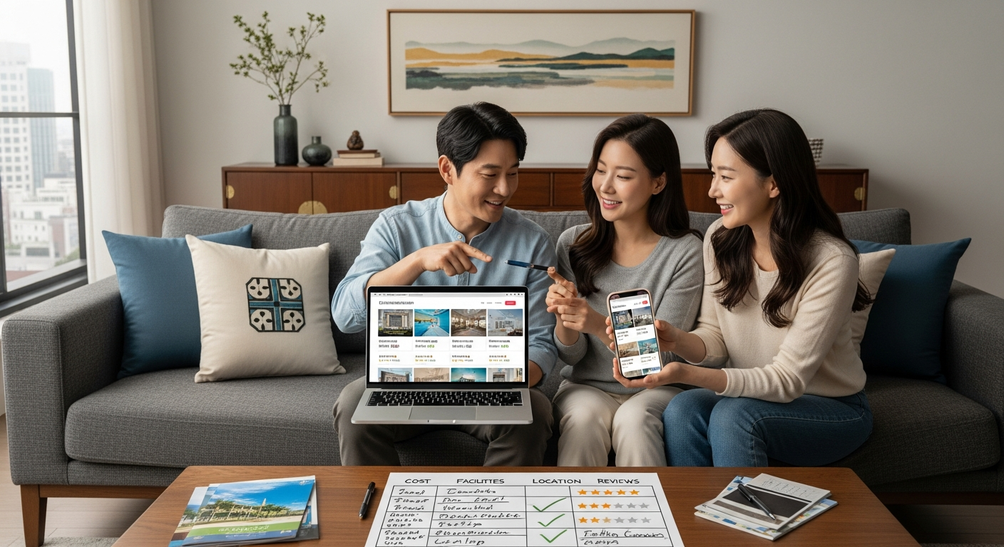 여름 휴가 숙소 예약을 위해 다양한 숙소 옵션을 비교하고 계획하는 가족 모습