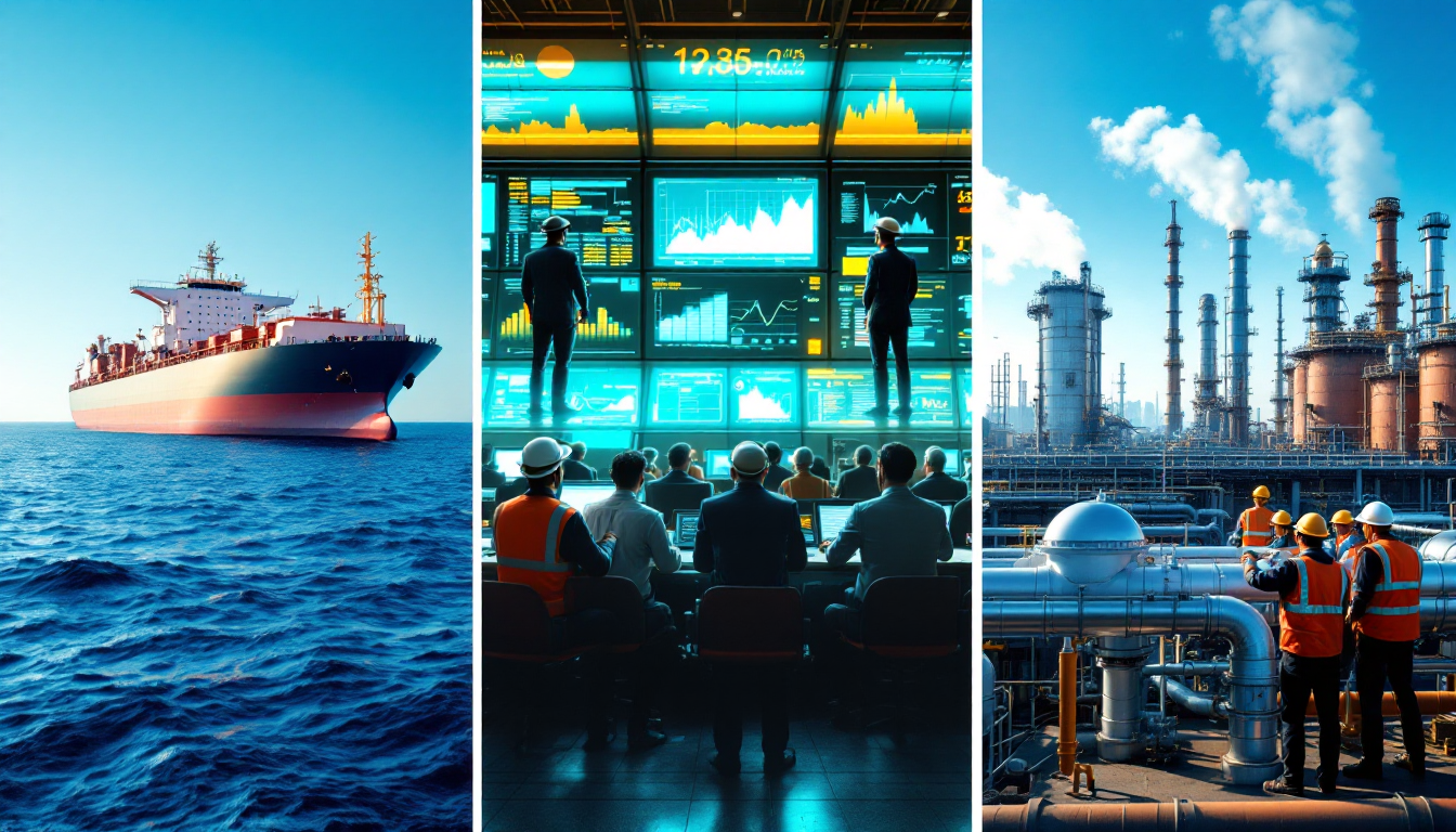 현물 선물 스팟의 세 가지 장면을 나란히 배치한 실사 이미지 왼쪽 유조선 중앙 선물 거래 플로어 오른쪽 정유소