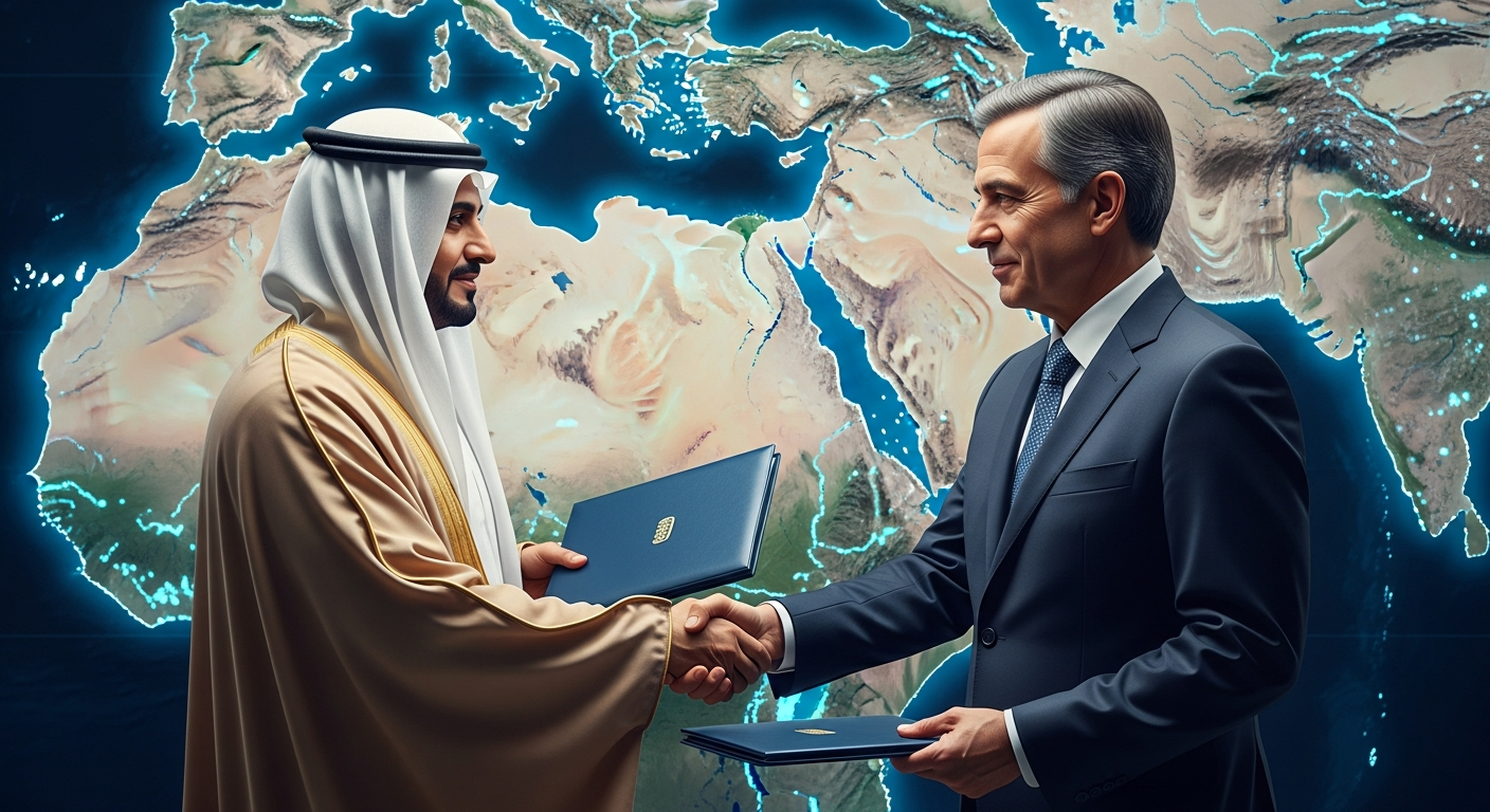 사우디와 이스라엘 대표가 중동 지도 앞에서 조심스럽게 악수하는 장면