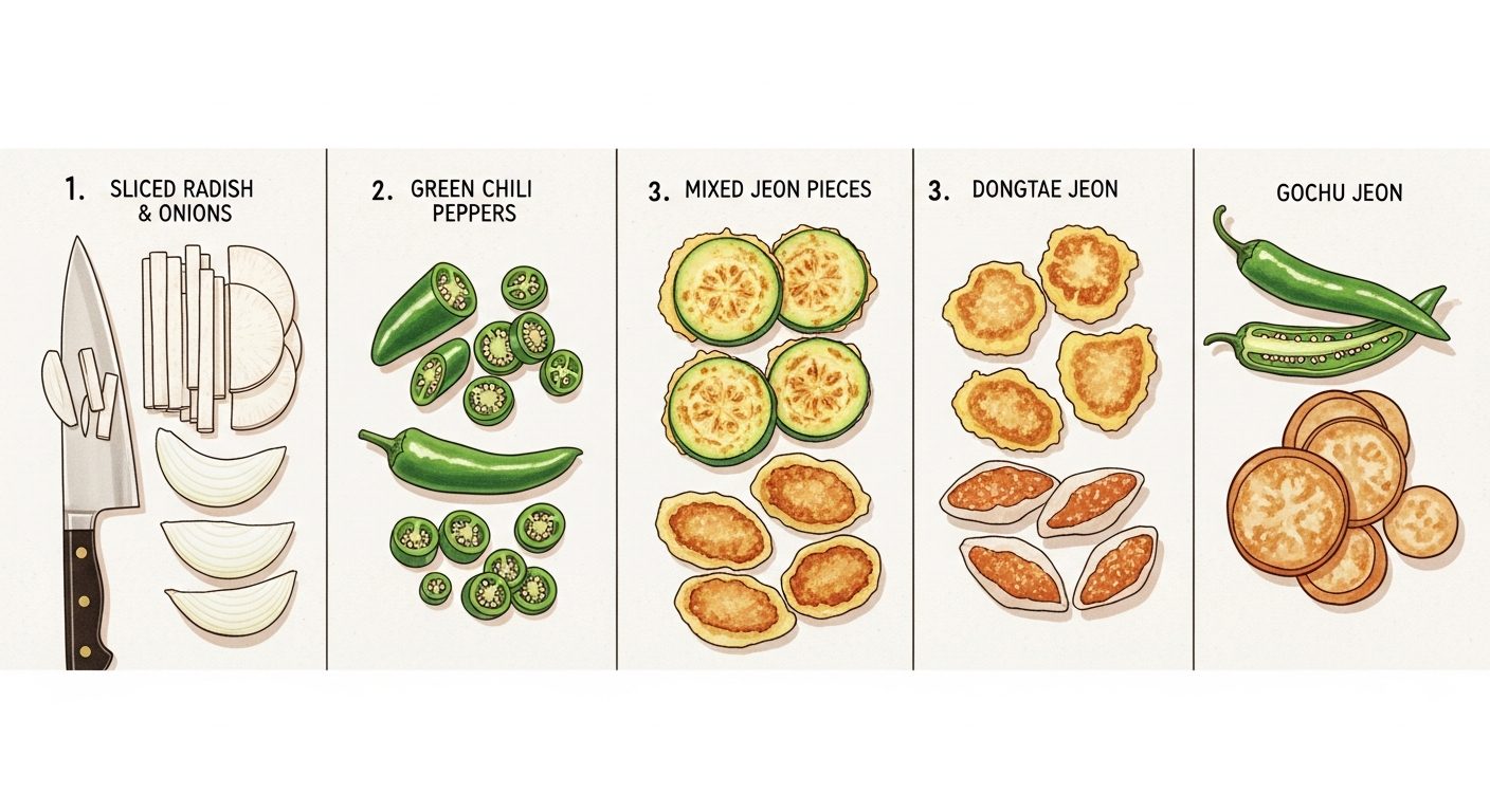 전 찌개 재료 준비와 육수 옵션을 단계별로 보여주는 따뜻한 동화풍 일러스트
