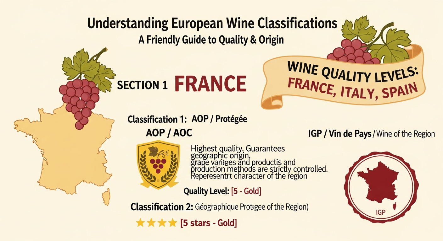 와인 등급 용어와 프랑스 이탈리아 스페인 와인 품질 등급을 나타내는 따뜻한 느낌의 일러스트 인포그래픽