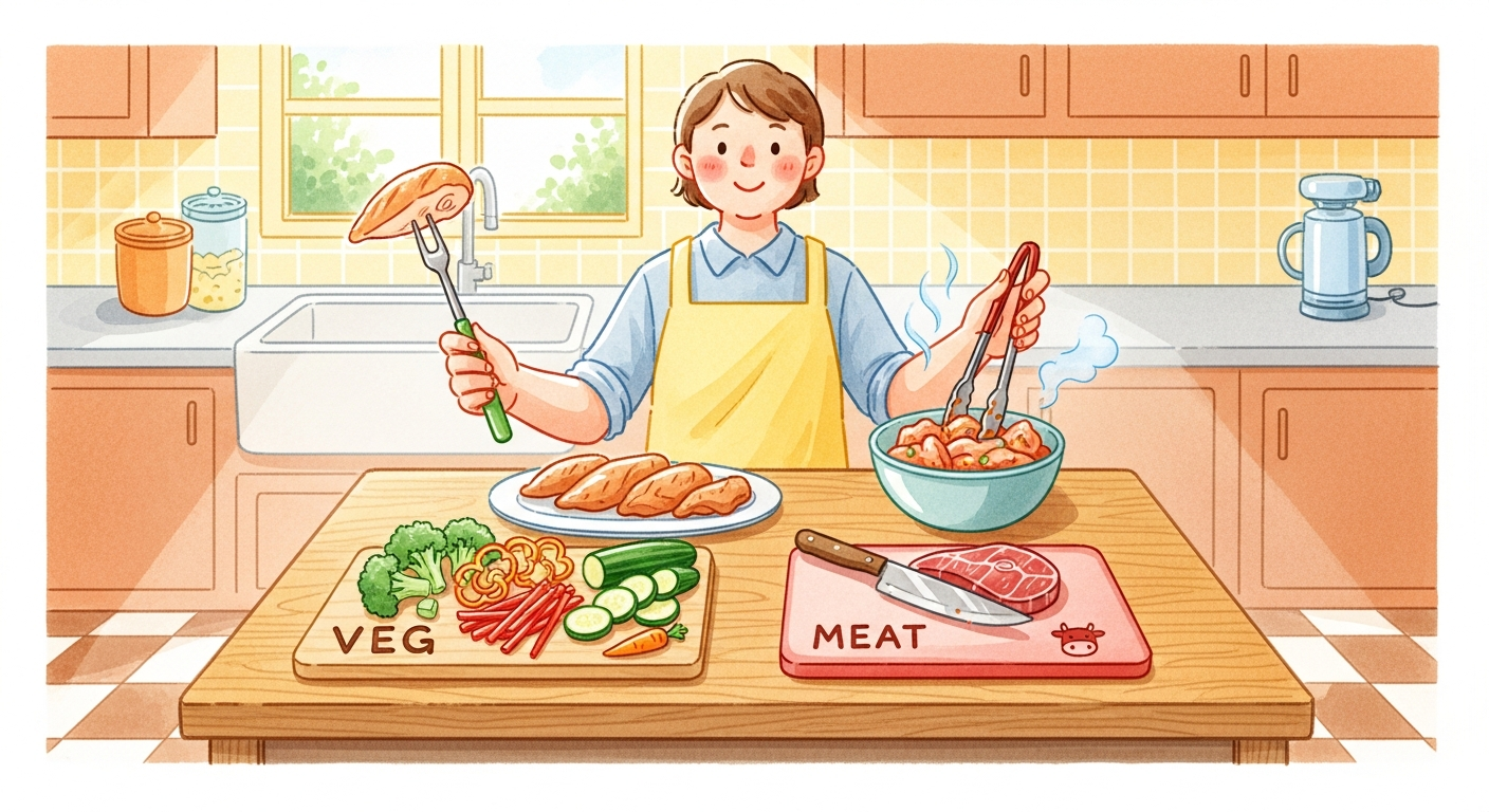 안전한 조리와 교차 오염을 방지하는 방법을 보여주는 따뜻한 동화풍 주방 장면