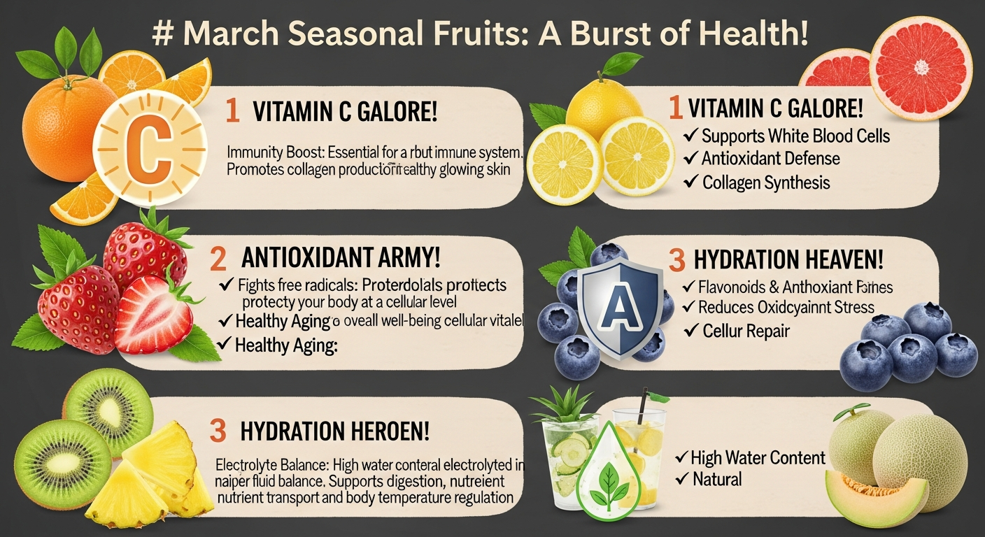 3월 제철과일의 건강 효능을 시각적으로 표현한 인포그래픽