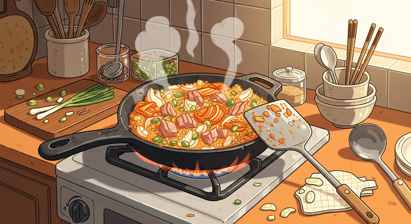 참치 김치볶음밥이 조리되고 있는 따뜻한 느낌의 한국적인 주방 풍경 일러스트