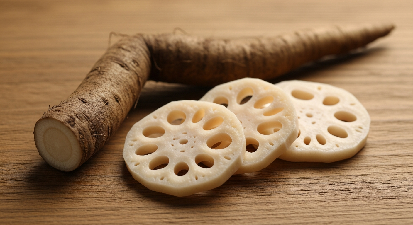 우엉과 연근의 질감과 단면이 잘 보이는 자연스러운 조명 아래 모습