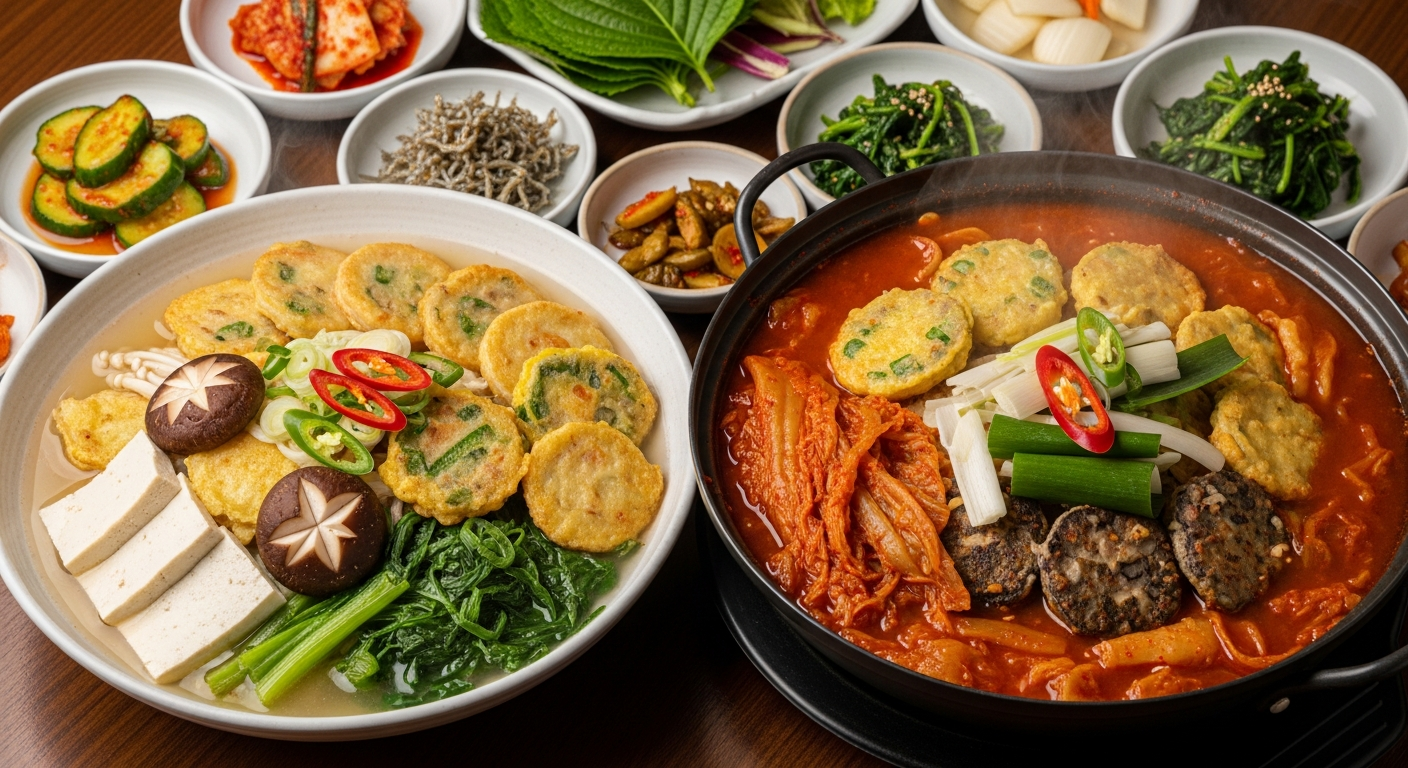 담백한 기본 전 찌개와 얼큰한 묵은지 전 찌개가 나란히 식탁에 차려진 모습