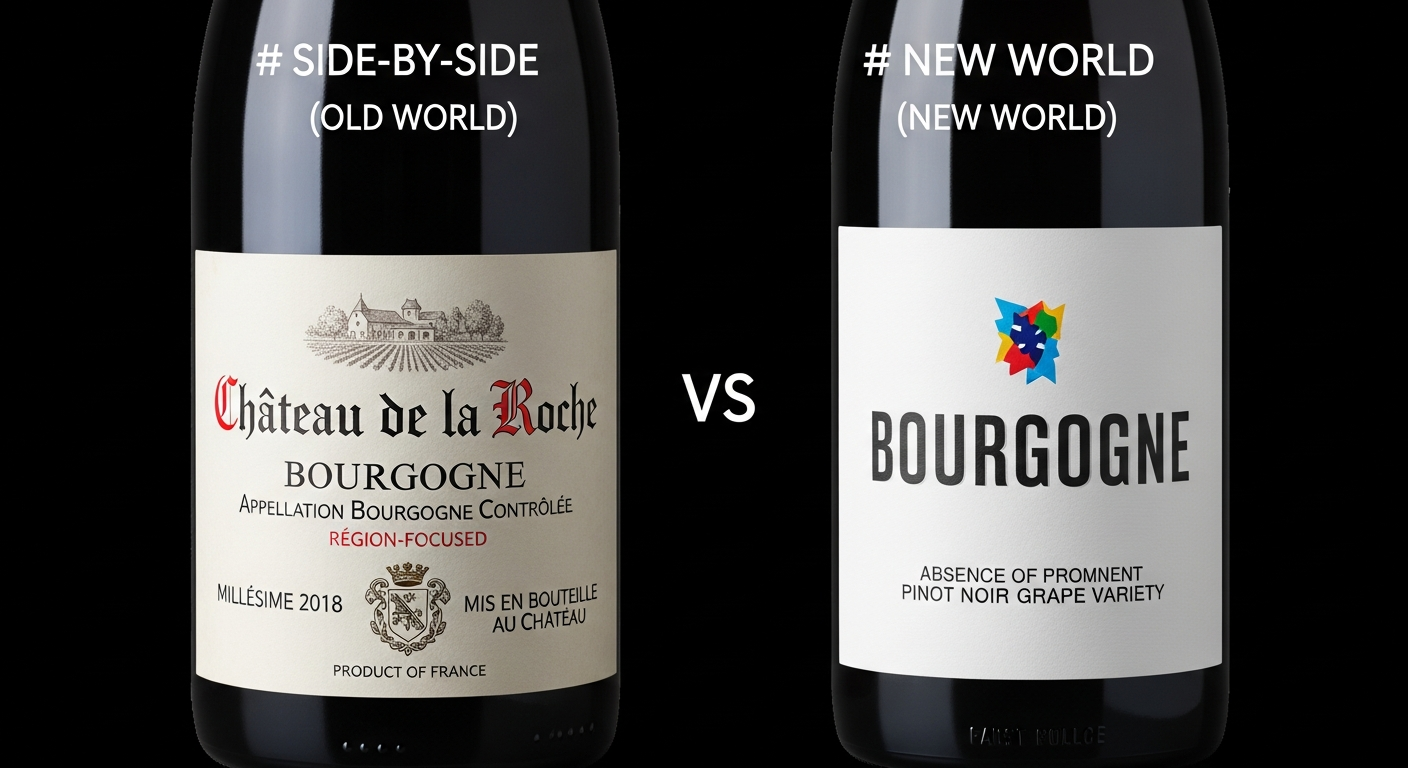 구세계 와인과 신세계 와인의 라벨 차이를 비교하는 실사 스타일 와인 병 이미지