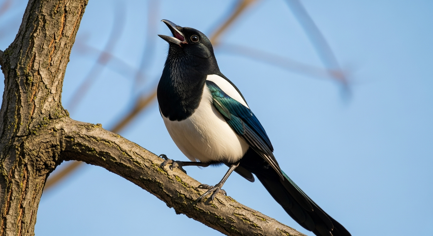 맑은 파란 하늘 아래 나뭇가지에 앉아 지저귀는 한국 까치의 모습