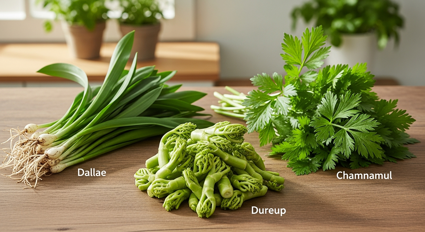 두릅, 달래, 참나물을 자연광 아래 나무 테이블 위에 놓은 모습