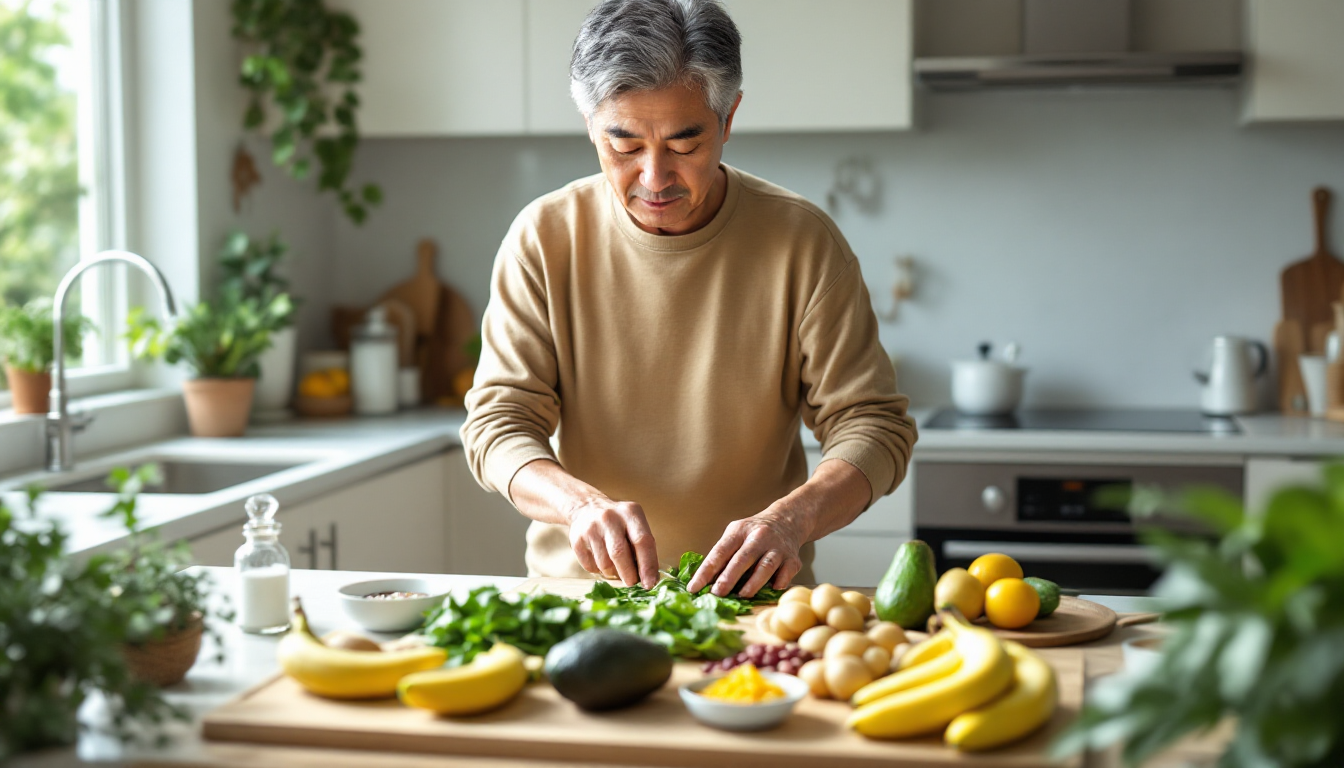 고혈압 관리를 위한 저나트륨 고칼륨 식재료를 주방에서 준비하는 60대 남성 장면 설명