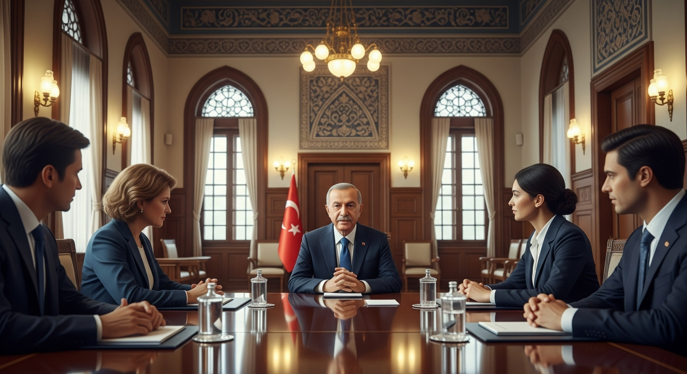 오스만 양식 장식의 회의실에서 대표단에게 연설하는 터키 외교관