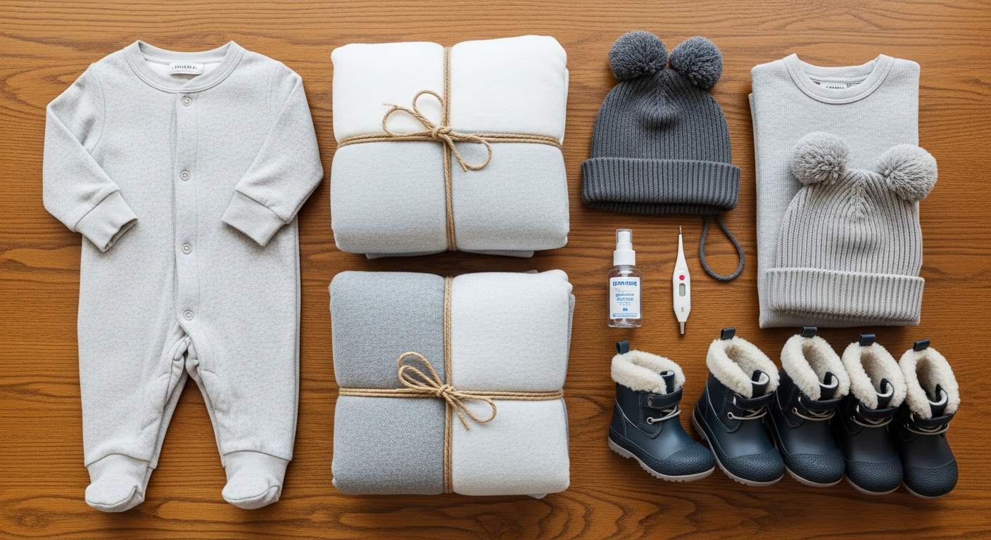 겨울 아기 여행 준비물을 정리해 놓은 사진, 기능성 의류와 방한용품 등이 포함된 모습