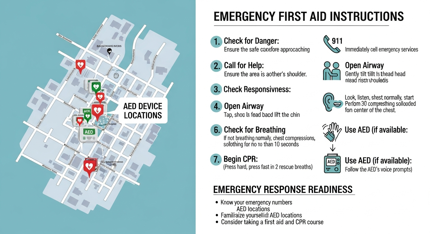 응급처치 요령과 도시 지도에 표시된 자동심장충격기 위치 안내 인포그래픽
