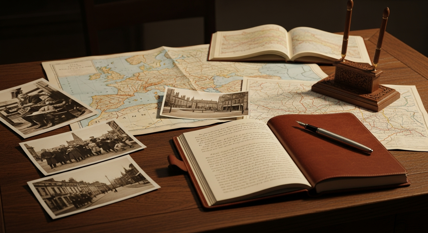 역사 연구를 위한 오래된 지도와 흑백 사진이 펼쳐진 책상 장면