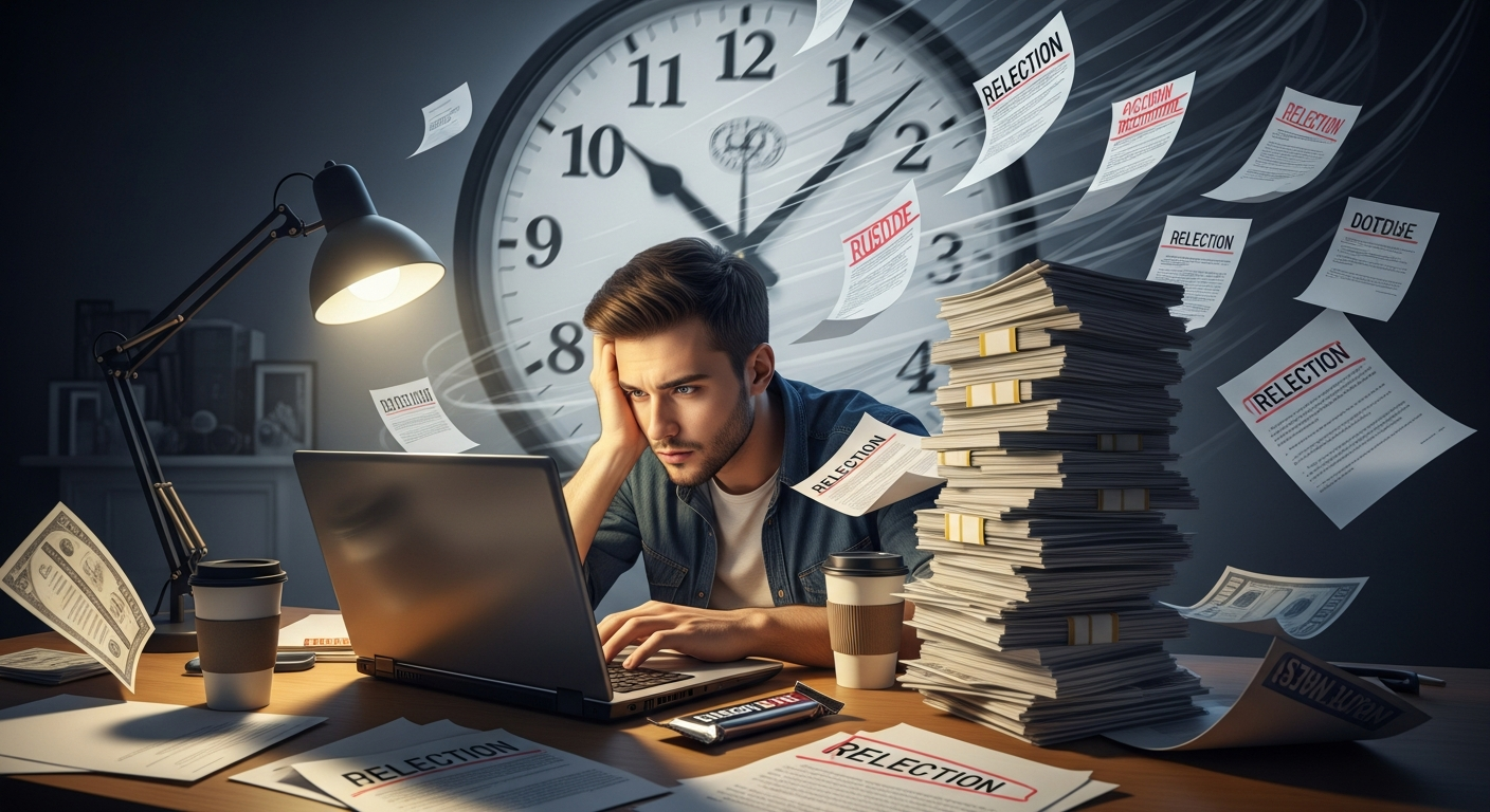 경제적 심리적 압박 속에서 구직 활동에 매진하는 청년의 모습