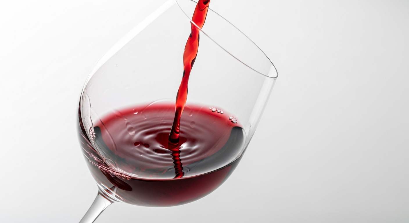 45도 각도로 기울인 와인잔에 담긴 와인의 색상과 투명도 그리고 잔 벽을 타고 흐르는 와인의 눈물이 잘 보이는 클로즈업 사진