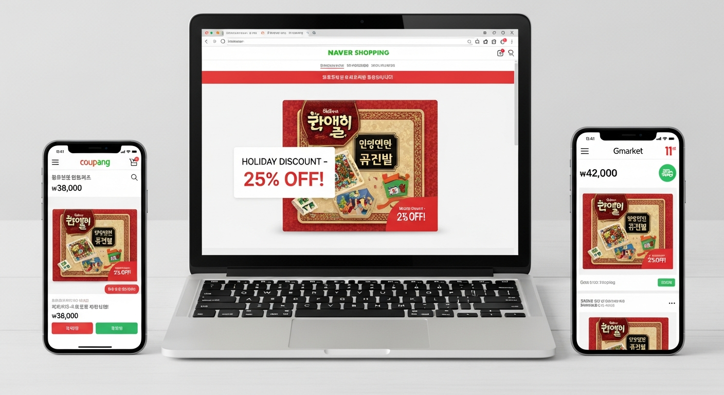 쿠팡과 네이버 쇼핑 등 온라인 구매처에서 보드게임 가격비교를 하는 모습