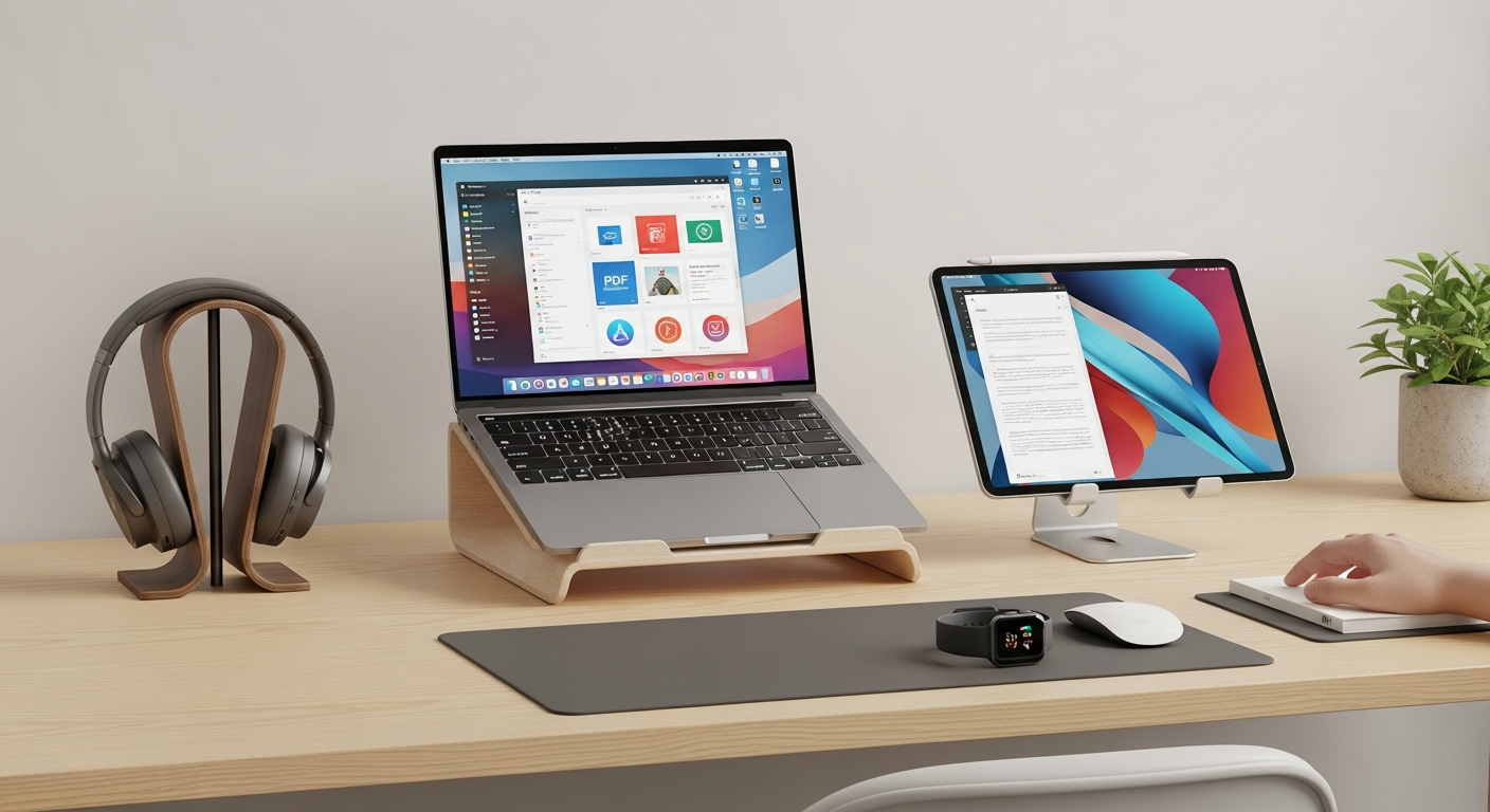 학생용 디지털 기기 조합이 잘 된 책상 위의 모습