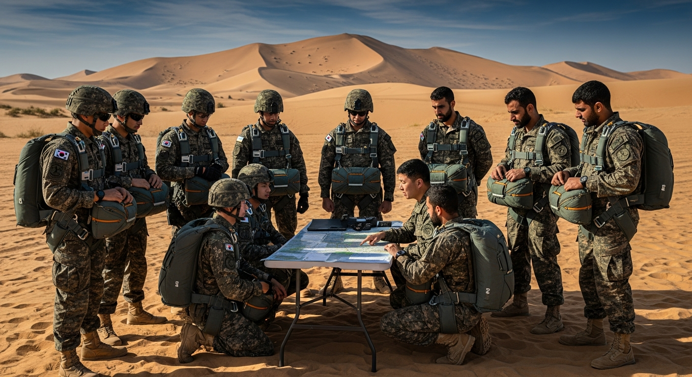 사막에서 한국 특수부대와 UAE 병력이 함께 고공강하 훈련을 준비하는 장면