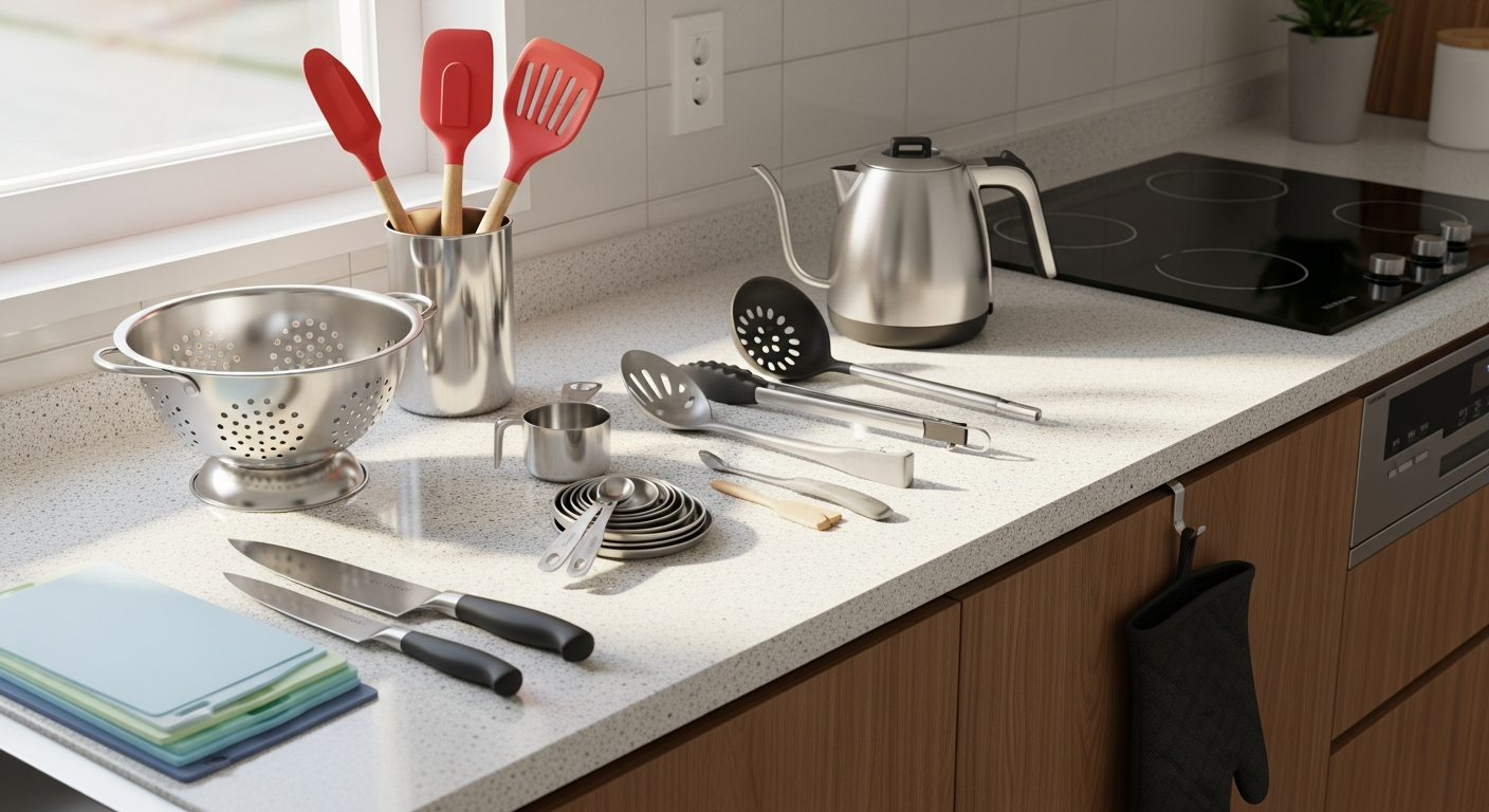 한국적 분위기의 현대 주방에서 스테인리스 스틸과 실리콘 주방용품이 놓여진 모습