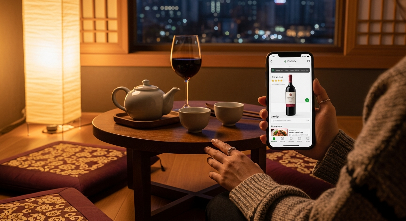 한국 가정에서 스마트폰으로 비비노 앱을 사용하는 모습의 따뜻한 일러스트