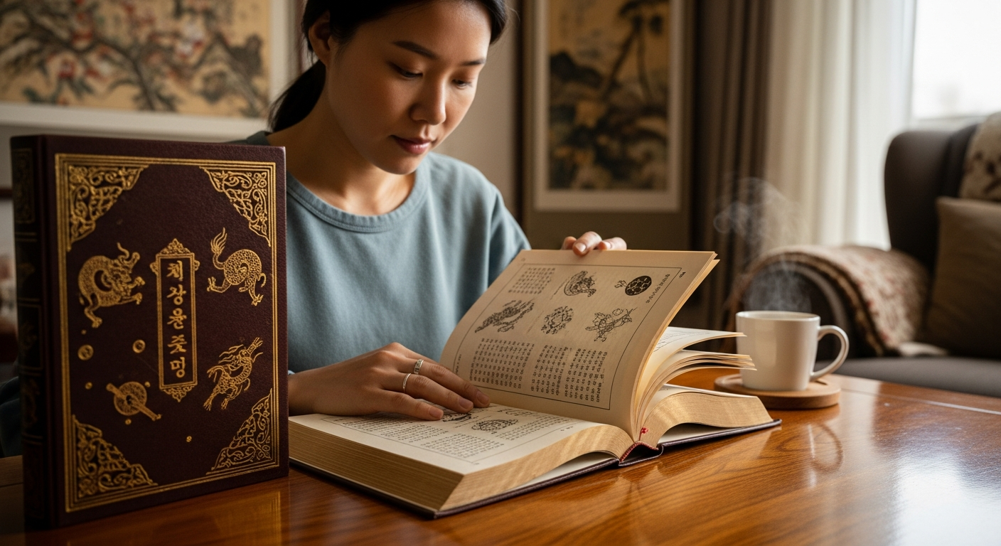 전통 해몽 책을 읽으며 꿈의 상징을 깊이 공부하는 한국인