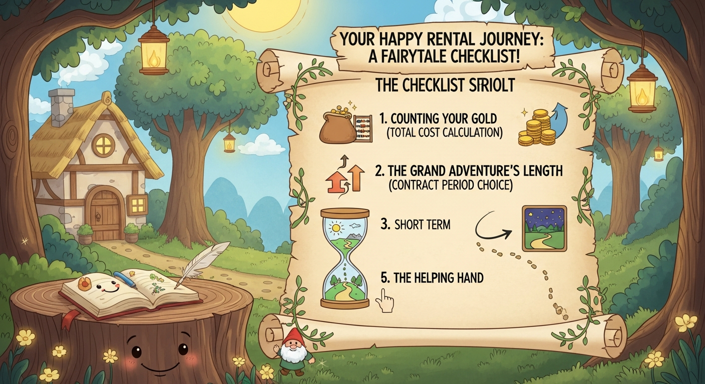 렌탈 계약 시 반드시 확인해야 하는 7가지 체크포인트를 따뜻한 동화풍 일러스트레이션으로 표현한 이미지