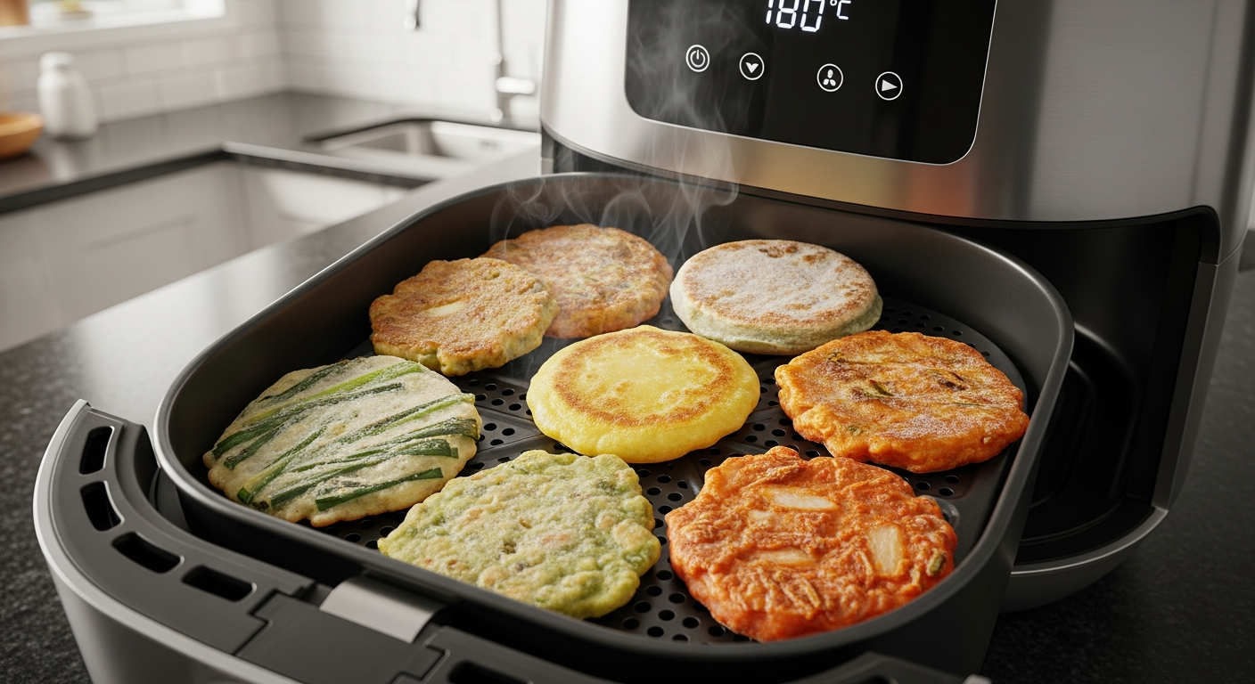 에어프라이어에서 냉동된 남은 전을 다시 바삭하게 조리하는 모습