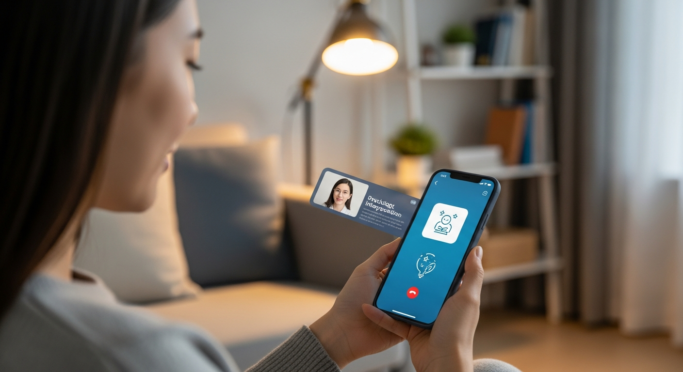 원격 꿈 해석 상담을 스마트폰 앱으로 받는 모습을 표현한 이미지