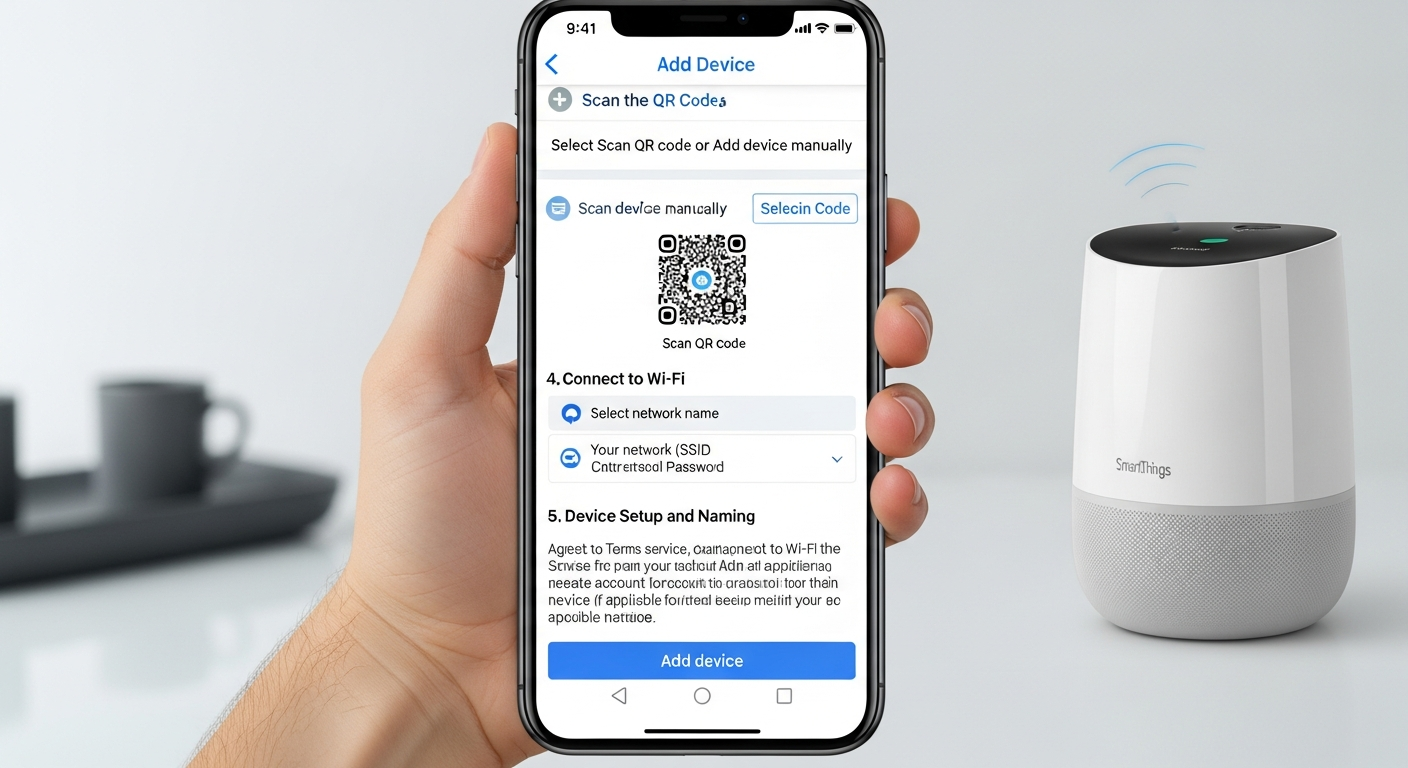 스마트싱스 앱으로 AI 가전제품을 추가하는 단계별 과정을 보여주는 실사 스타일의 시각 가이드