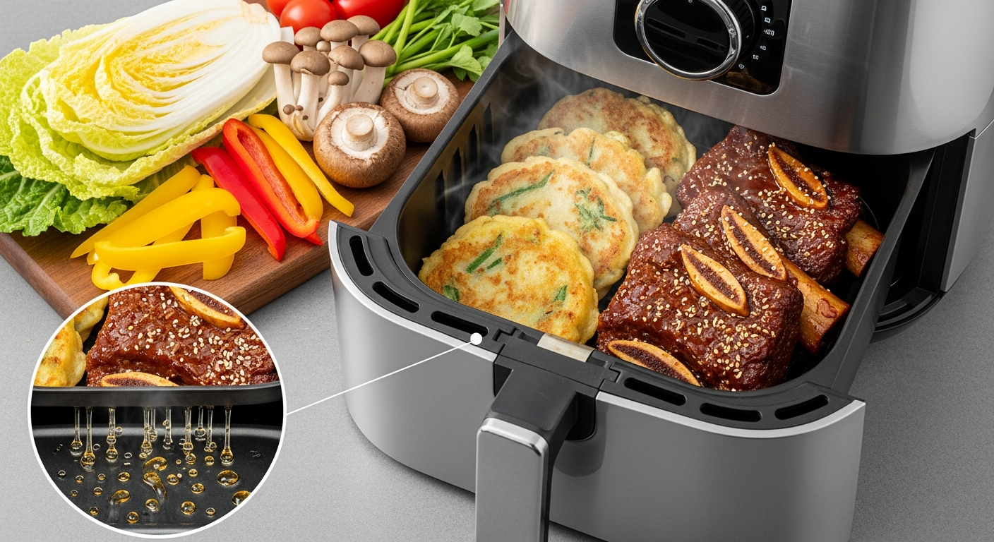 에어프라이어로 남은 전과 갈비찜 기름을 제거하는 모습과 신선한 채소들