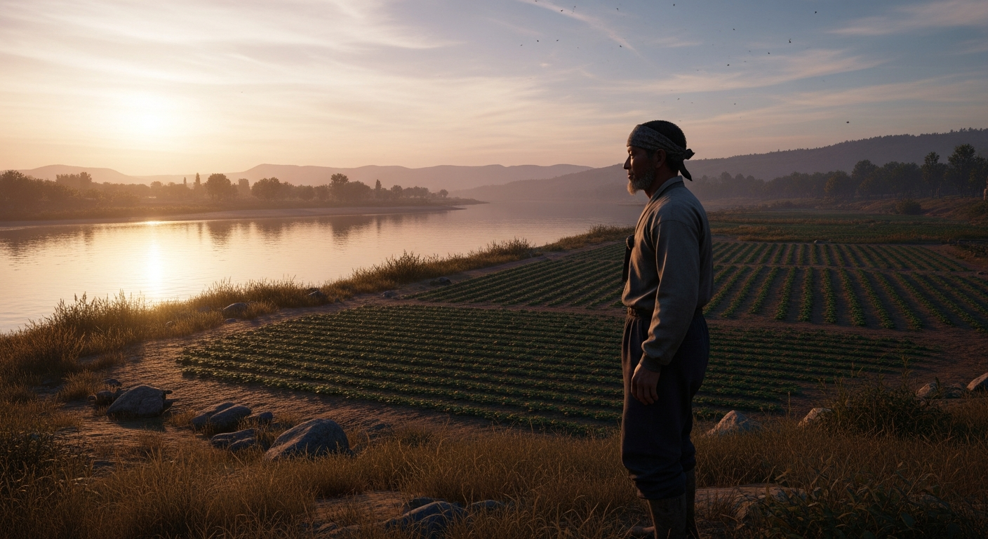 요단강 계곡과 농경지를 바라보는 농부의 풍경