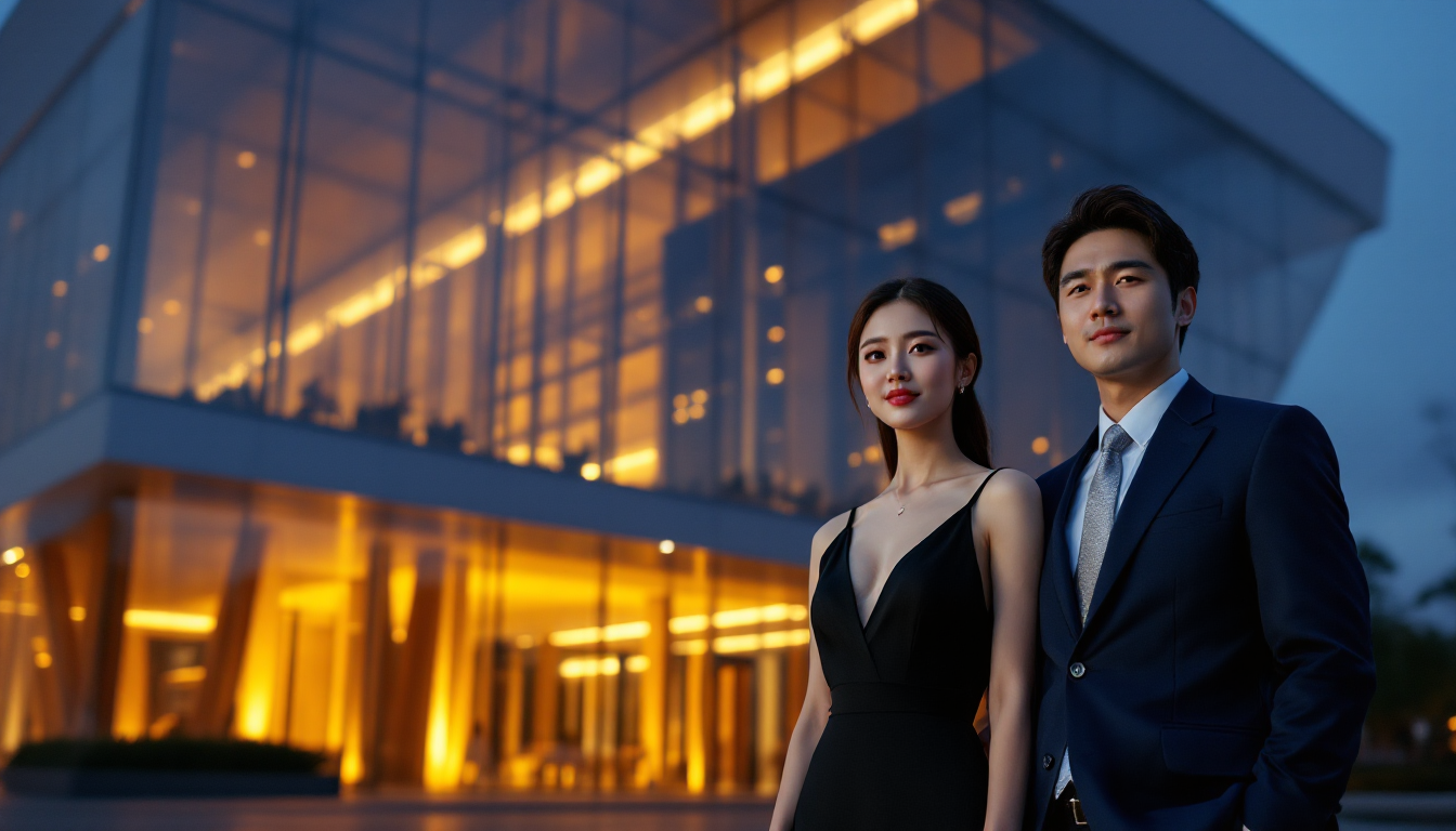 야간 조명이 켜진 현대적 건축의 미술관 앞에서 포즈를 취한 한국인 커플