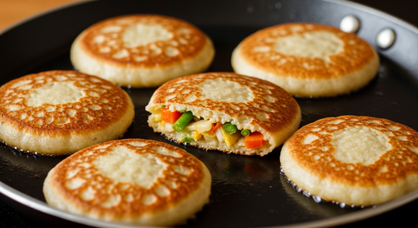 바삭하게 부쳐지는 두릅 전이 팬에서 요리되고 있는 모습