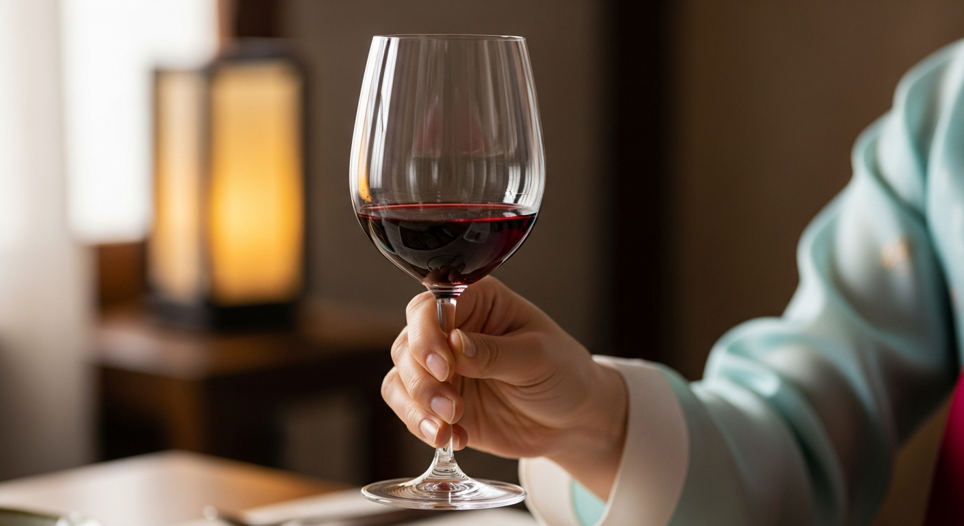 와인 온도 유지를 위한 와인잔의 다리 잡는 법을 보여주는 한국인의 손 클로즈업