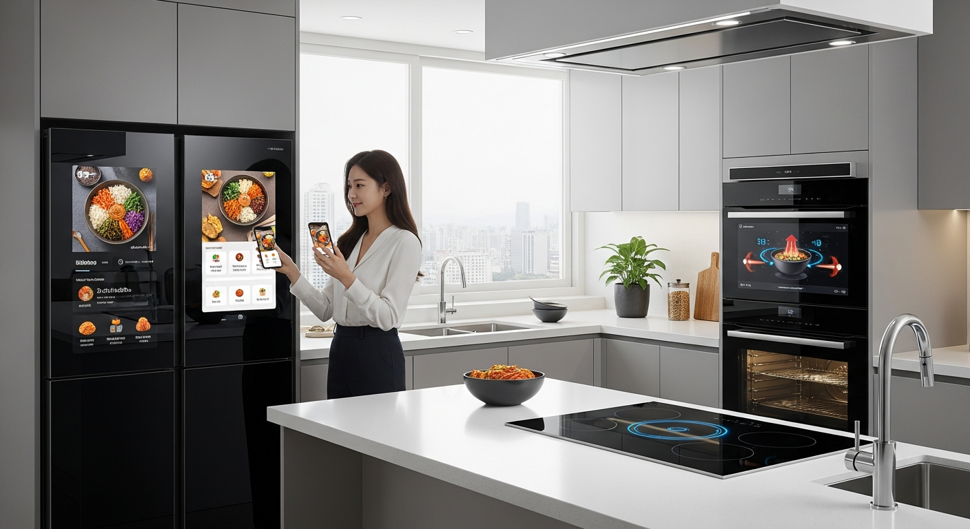 2026년 스마트 주방용품이 적용된 현대적인 한국 주방과 기술을 사용하는 사람