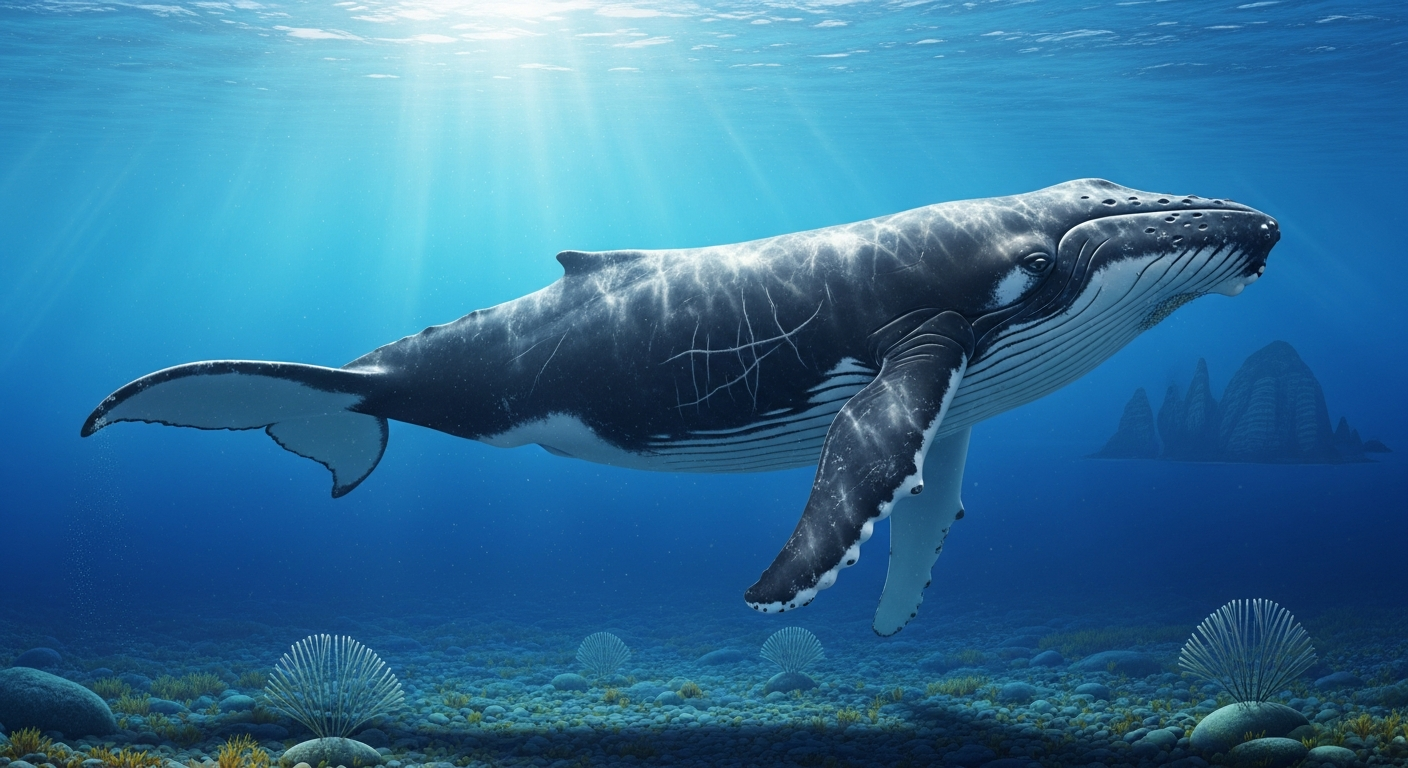 거대한 고래가 광대한 바다에서 자유롭게 헤엄치는 모습