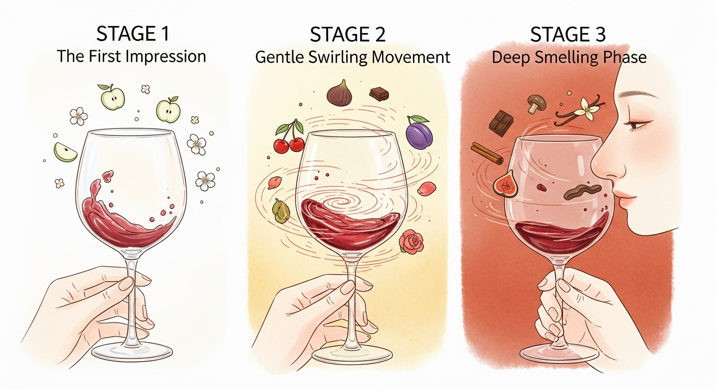 와인 아로마 향 구별을 위한 3단계 향 맡기 과정을 따뜻한 동화풍 일러스트로 표현