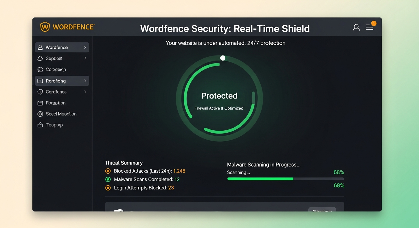 Wordfence 보안 플러그인 대시보드 화면, 방화벽 활성화와 악성코드 검사, 로그인 보호 기능을 강조하는 이미지