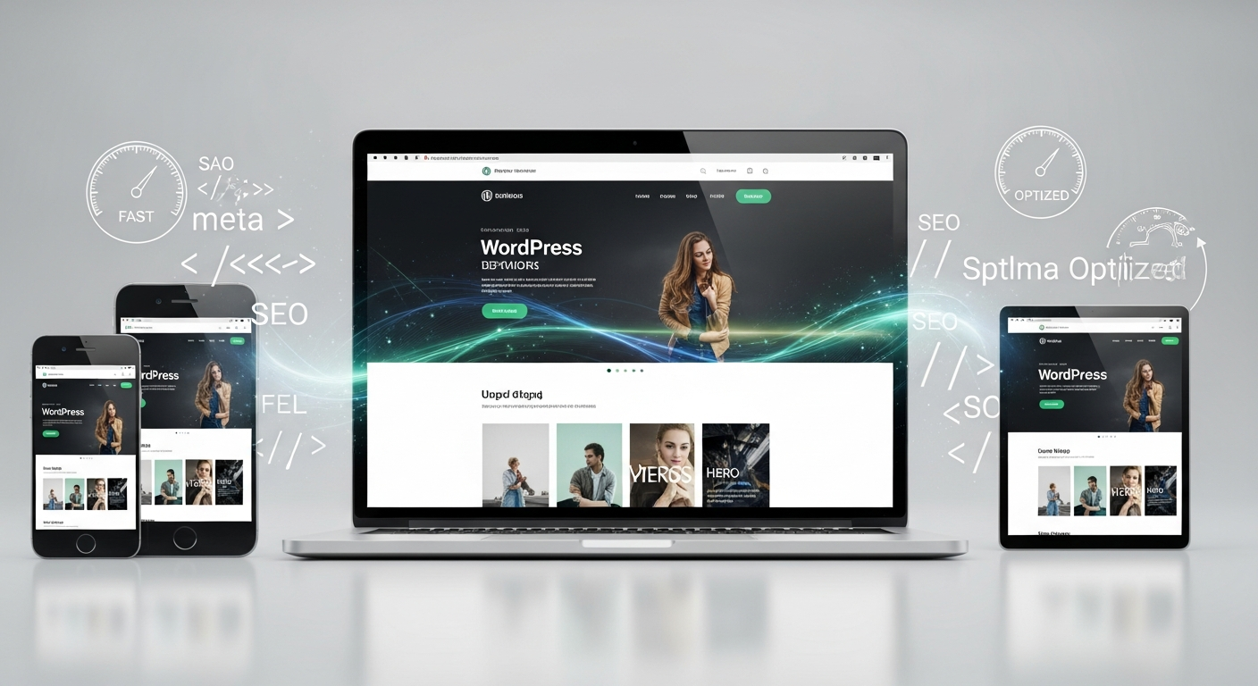 워드프레스 웹사이트의 빠른 로딩 속도와 SEO 최적화를 시각적으로 표현한 이미지